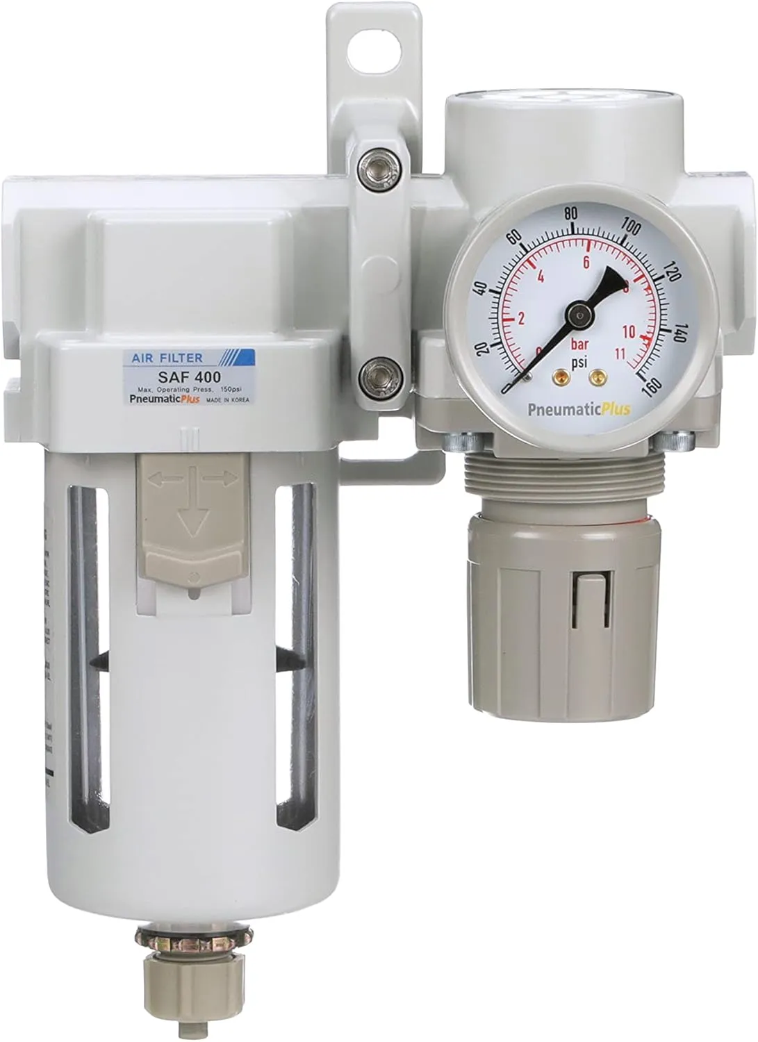 PneumaticPlus SAU420-N04G Compressed Air Filter Regulator Combo 1/2" NPT - Poly Bowl, Manual Drain, Bracket, Gauge