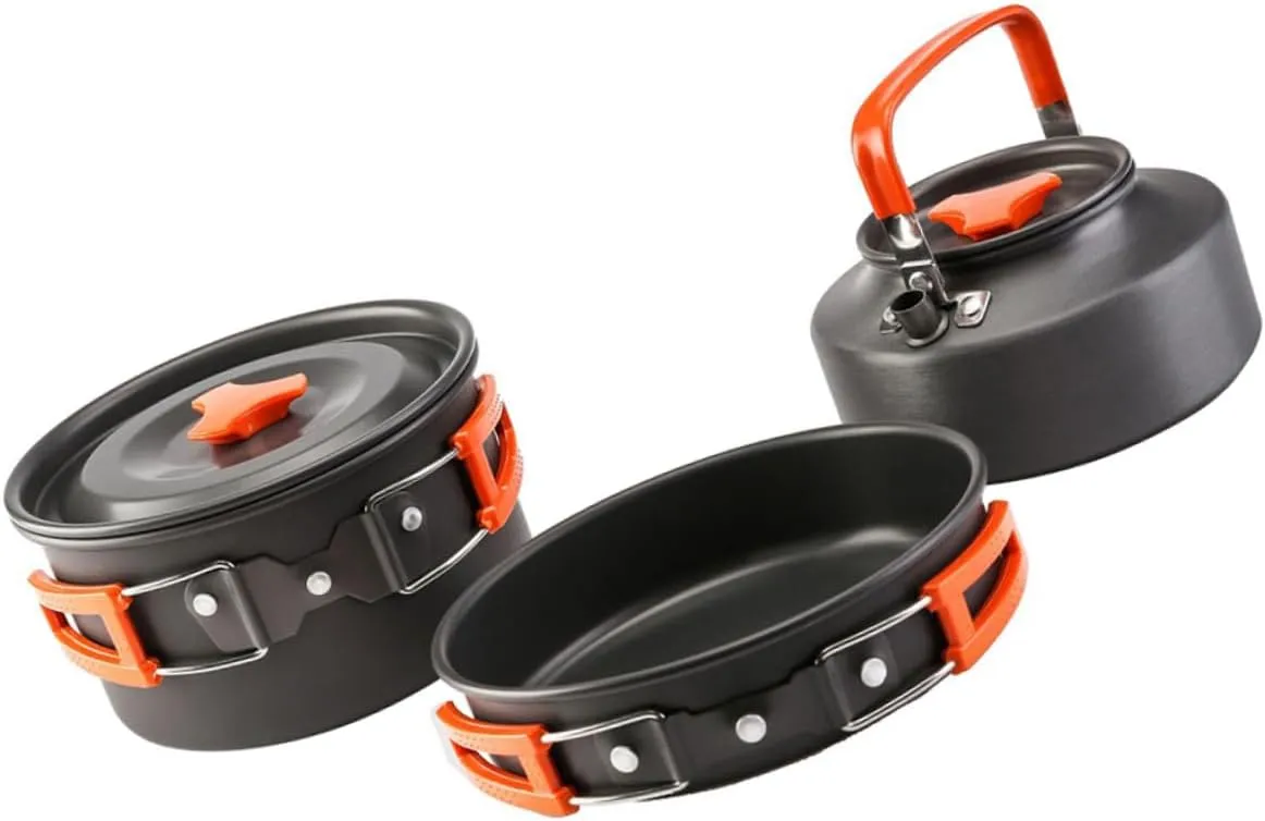 POPETPOP Hiking Essential 3-Piece Camping Pot Set Aluminum Cookware Collapsible Handle Silicone Tube