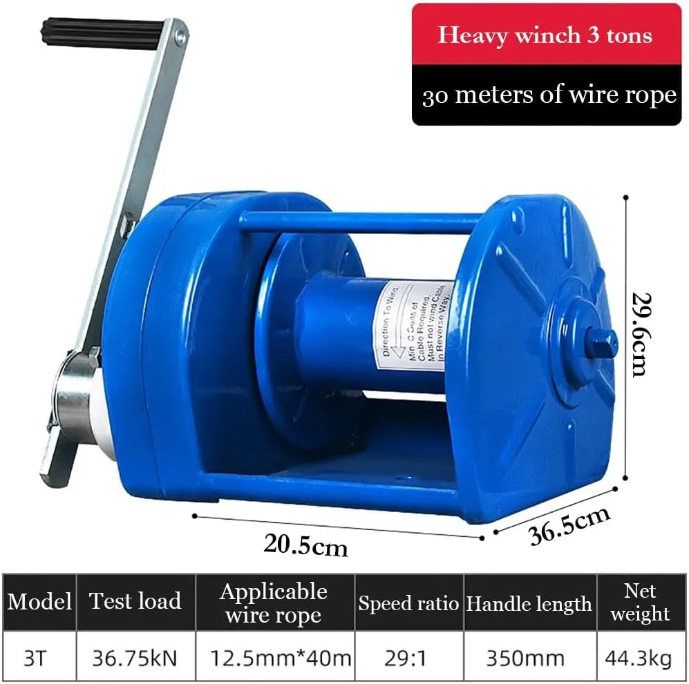 Portable Boat Trailer Winch, Heavy Duty Hand Winch with Hook, Manual Operated 2-Way Ratchet Winch, Caravan Puller for Car/Construction, Portable Hand Crank Trailer Towing for Truck,3 ton 30m
