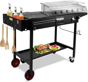 Portable Outdoor Grill Table, Double Layers Folding Griddle Table with Caddy, Movable Kitchen Cooking Prep BBQ Cart with Wheels, for Blackstone 17"/22" Tabletop Grill etc.
