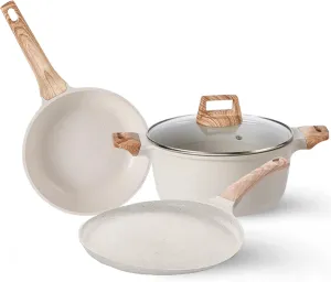 Pots and Pans Set, White Nonstick Induction Cookware Sets with Stay-Cool Handles, Kitchen Pan Sets for Cooking with Saucepan & Frying Pans & Crepe Pan, PFOS and PFOA Free