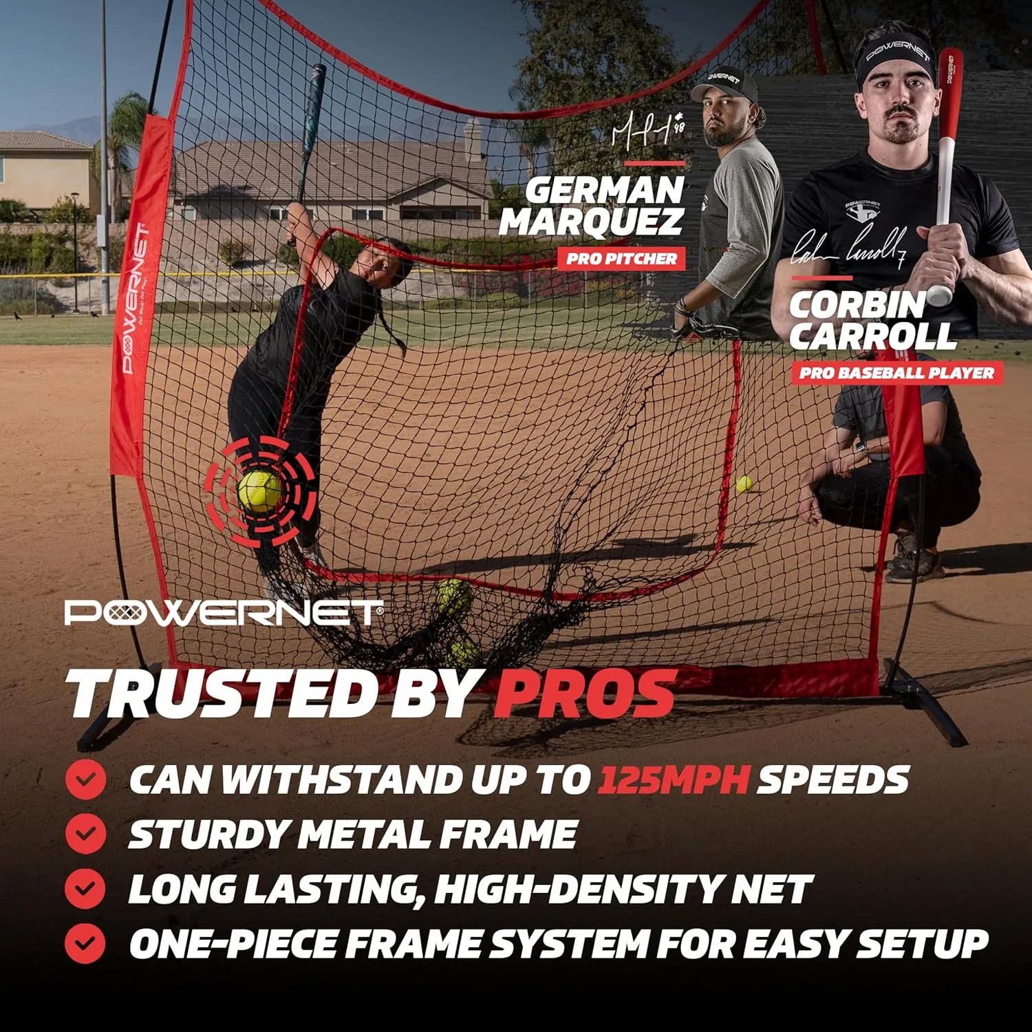 PowerNet Pro One Piece Softball Baseball Net, Portable Baseball Training Equipment, Hitting, Throwing & Pitching Net with Carrying Bag