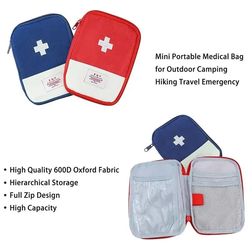 Premium Mini Portable First Aid Kit – Compact Medical Emergency Organizer, Household Medicine Storage Bag for Outdoor Use, Oxford Cloth with Rubber Lining, Available in Blue and Red (L: 18x13cm, S: 15x10.5cm)