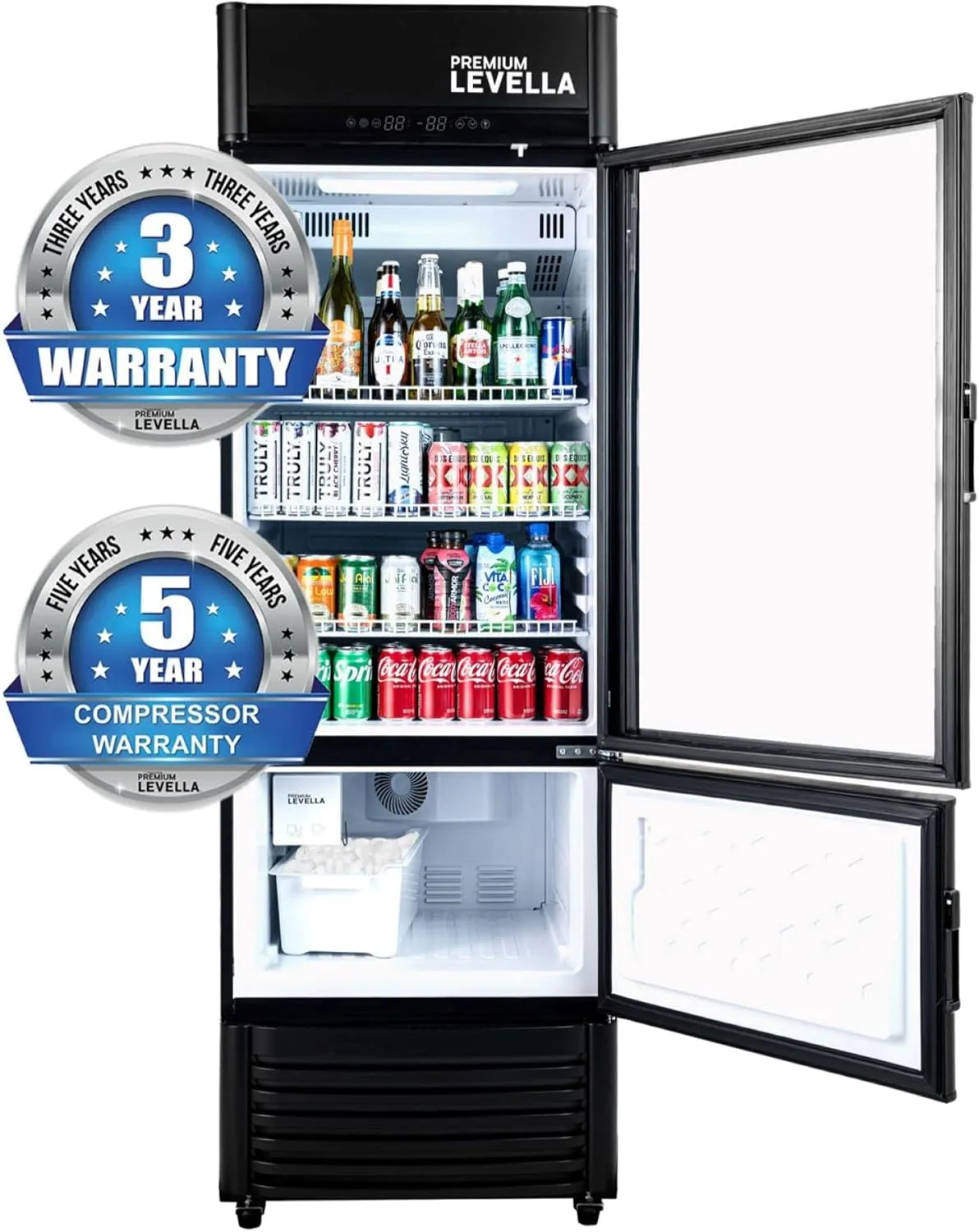 PremiumLevella PRFIM1257DX Glass Door Display Refrigerator 12.5 cu ft Commercial Beverage Cooler Merchandiser With Automatic Ice Maker