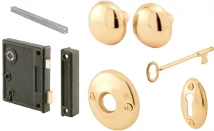 Prime-Line E 2437 Vertical Trim Vintage Lock Set – Cast Steel, Brass Plated Knobs, Antique Skeleton Key Lock System – 2-1/2” Backset, Surface Mounted, Right-Hand Swing-In Interior Doors (Single Pack)