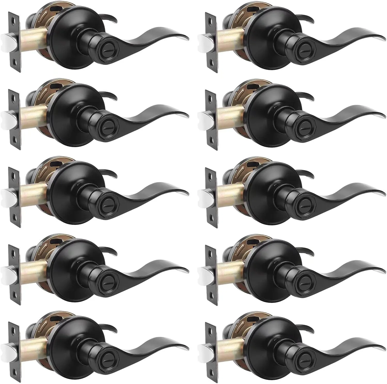 Probrico (10 Pack Privacy Door Lever,Locking Black Door Handle Set for Bathroom & Bedroom Doors,Keyless Interior Door Handle Black Finish Wave Door Lock, Reversible Right & Left Side Handed