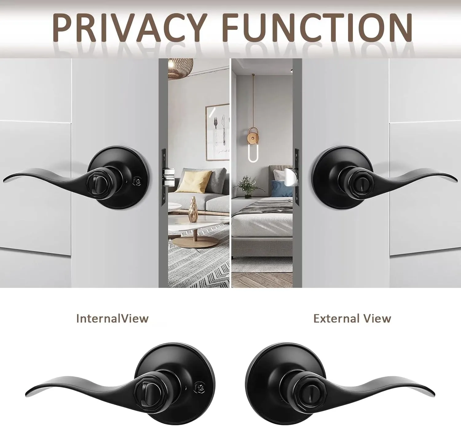 Probrico (10 Pack Privacy Door Lever,Locking Black Door Handle Set for Bathroom & Bedroom Doors,Keyless Interior Door Handle Black Finish Wave Door Lock, Reversible Right & Left Side Handed