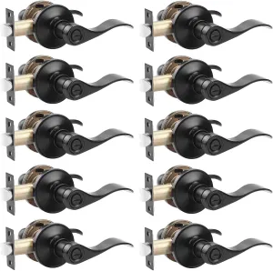 Probrico (10 Pack Privacy Door Lever,Locking Black Door Handle Set for Bathroom & Bedroom Doors,Keyless Interior Door Handle Black Finish Wave Door Lock, Reversible Right & Left Side Handed