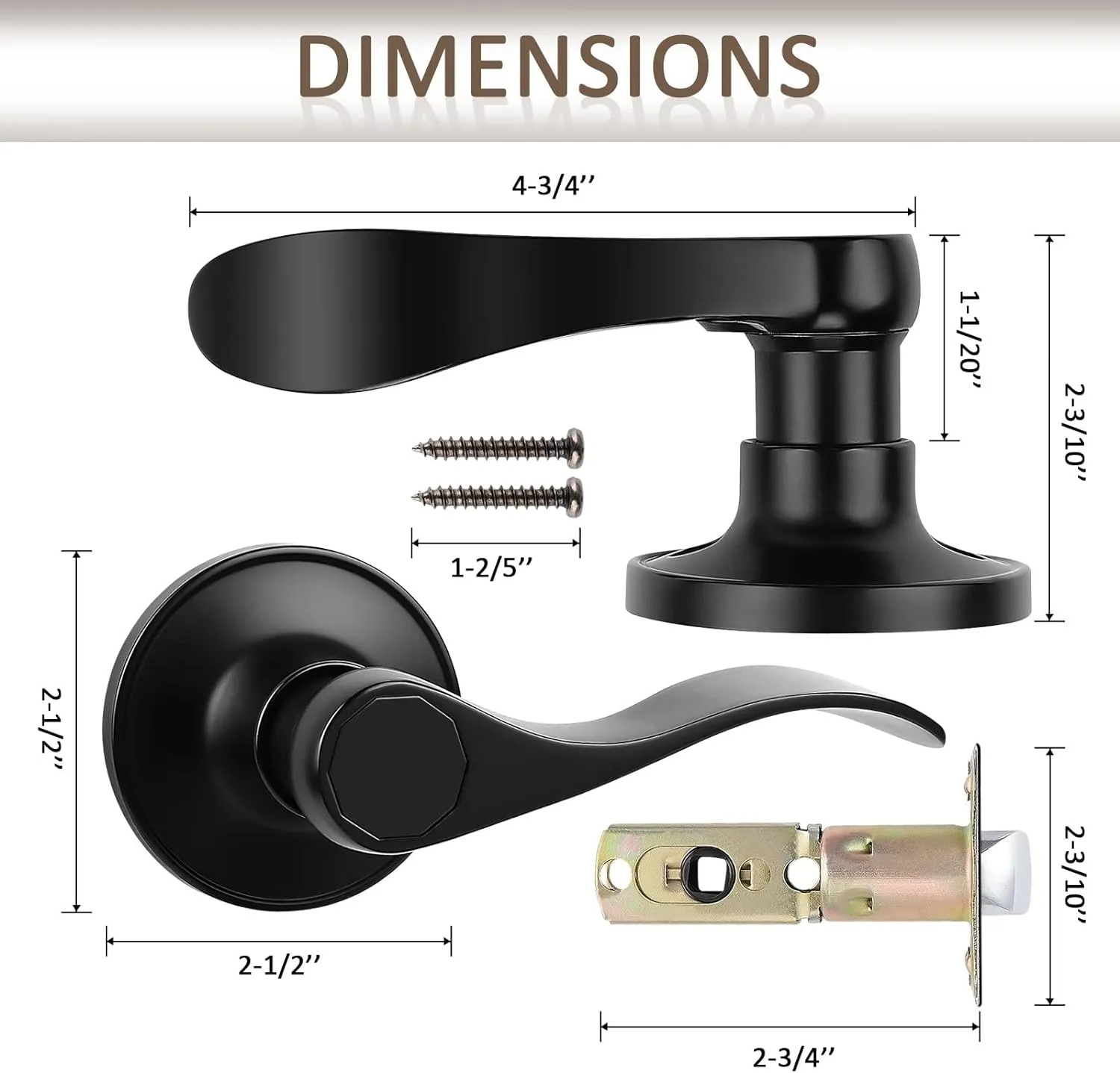 Probrico (2 Pack Passage Door Lever [Non-Locking Lever Set], Non-Locking Door Handle Set for Hallway or Closets, Keyless Black Finish Wave Door Lock, Reversible Right & Left Side Handed