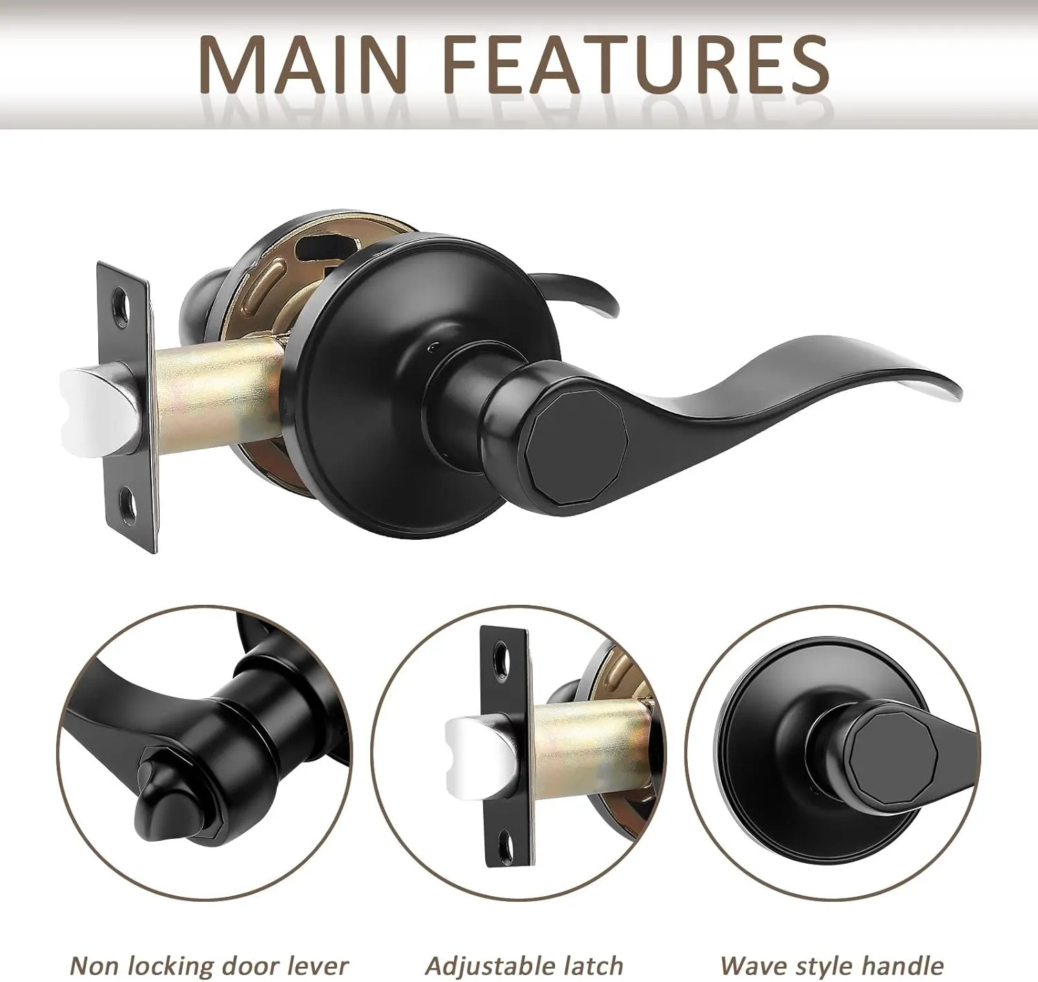 Probrico (2 Pack Passage Door Lever [Non-Locking Lever Set], Non-Locking Door Handle Set for Hallway or Closets, Keyless Black Finish Wave Door Lock, Reversible Right & Left Side Handed