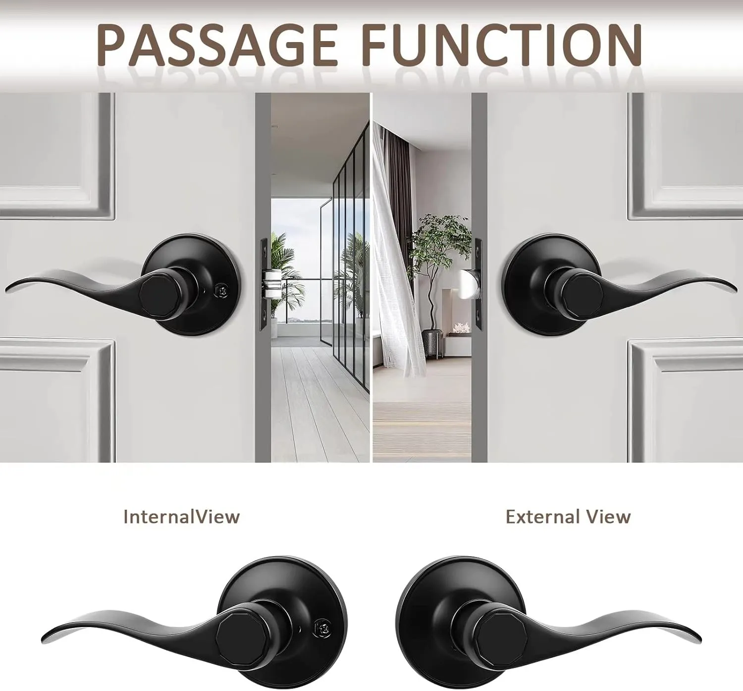 Probrico (2 Pack Passage Door Lever [Non-Locking Lever Set], Non-Locking Door Handle Set for Hallway or Closets, Keyless Black Finish Wave Door Lock, Reversible Right & Left Side Handed