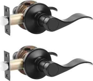 Probrico (2 Pack Passage Door Lever [Non-Locking Lever Set], Non-Locking Door Handle Set for Hallway or Closets, Keyless Black Finish Wave Door Lock, Reversible Right & Left Side Handed