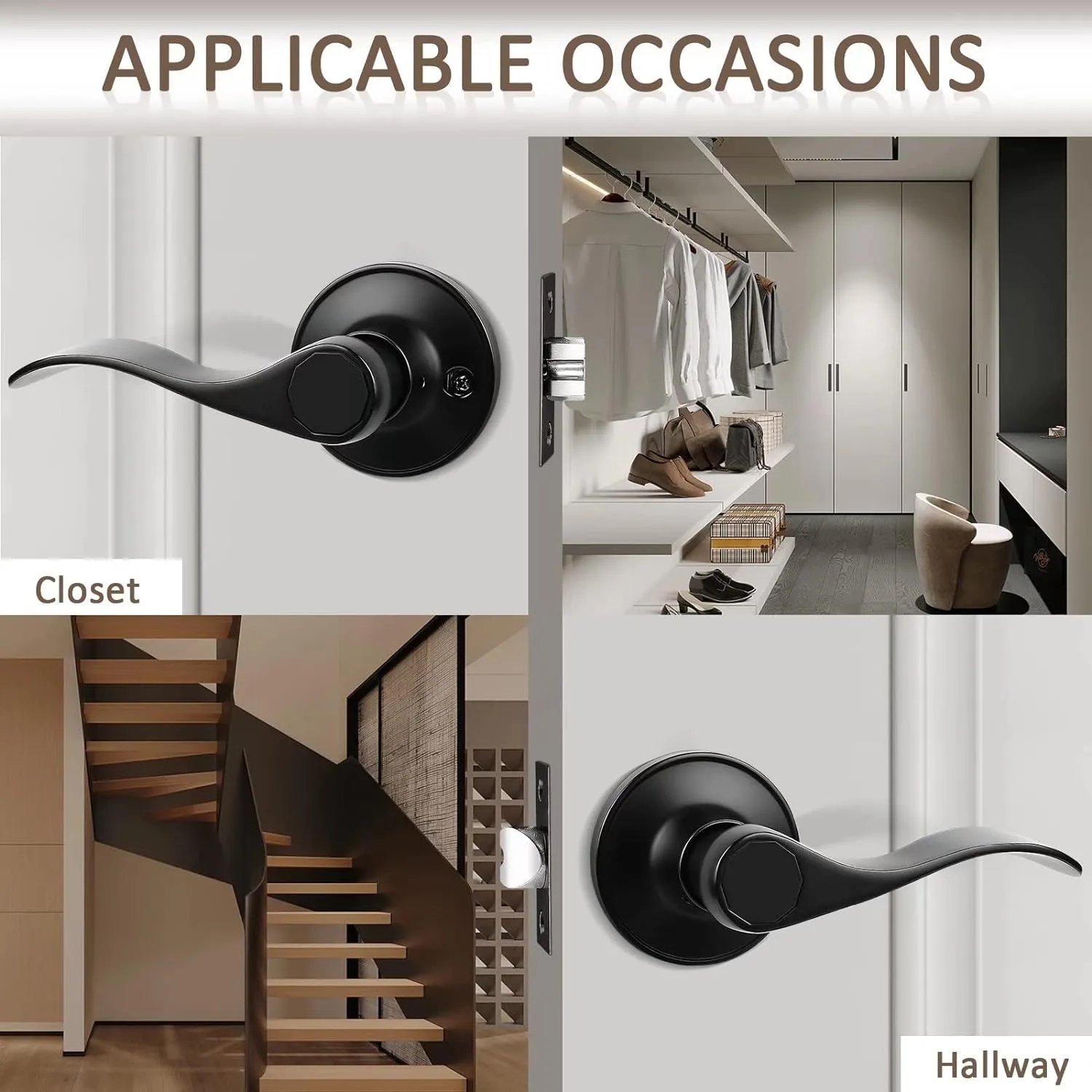 Probrico (2 Pack Passage Door Lever [Non-Locking Lever Set], Non-Locking Door Handle Set for Hallway or Closets, Keyless Black Finish Wave Door Lock, Reversible Right & Left Side Handed