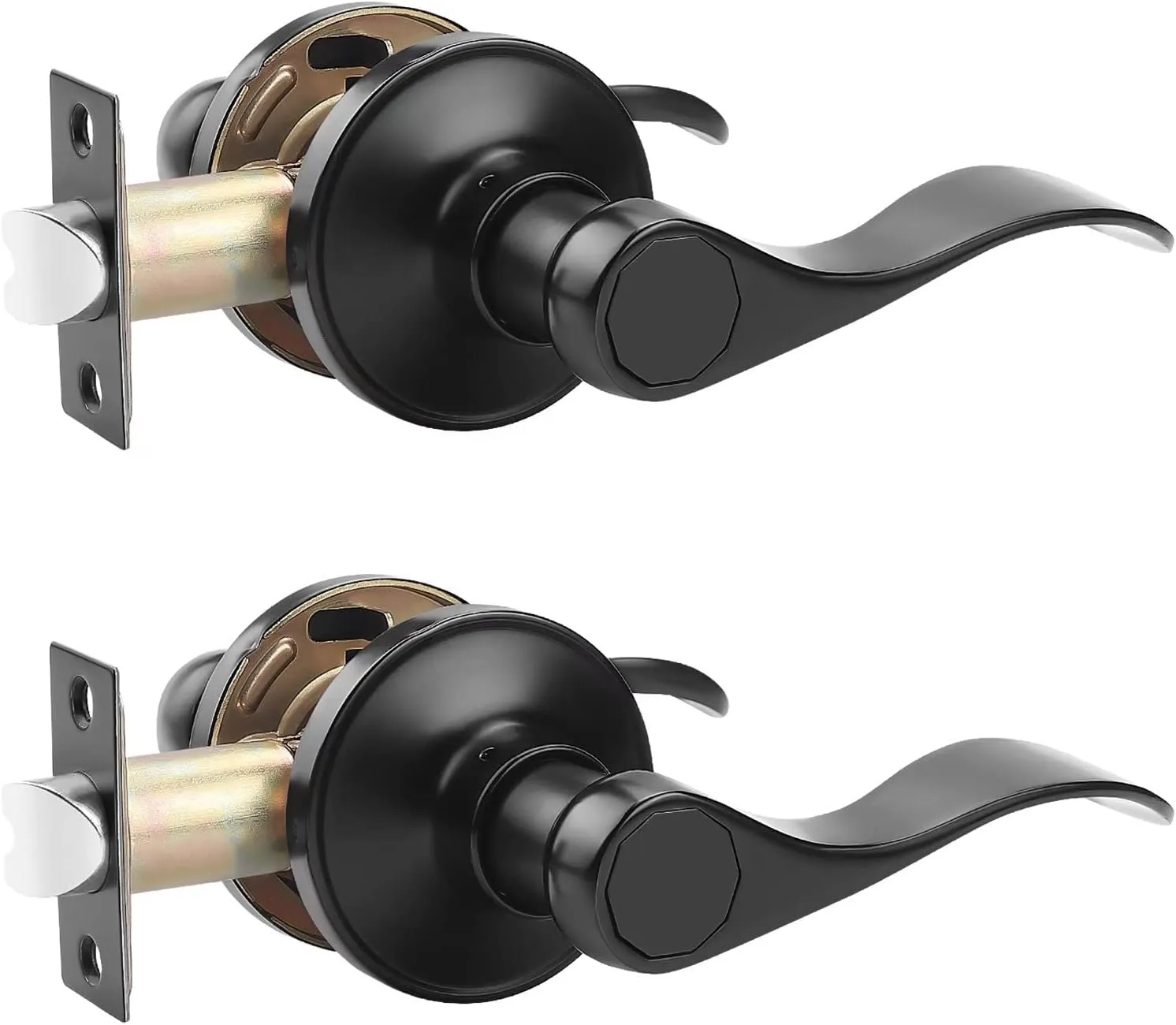 Probrico (2 Pack Passage Door Lever [Non-Locking Lever Set], Non-Locking Door Handle Set for Hallway or Closets, Keyless Black Finish Wave Door Lock, Reversible Right & Left Side Handed