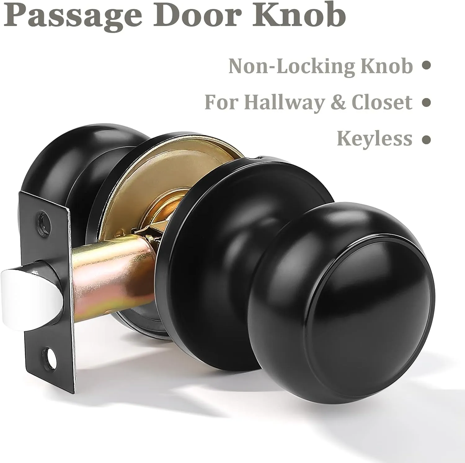 Probrico (2 Pack Round Passage Door Knob (Non-Locking Knobs), Keyless Doorknobs Interior/Exterior Door Lockset, Passage Knobs for Hallway/Closet, Black Finish Modern Design Door Hardware