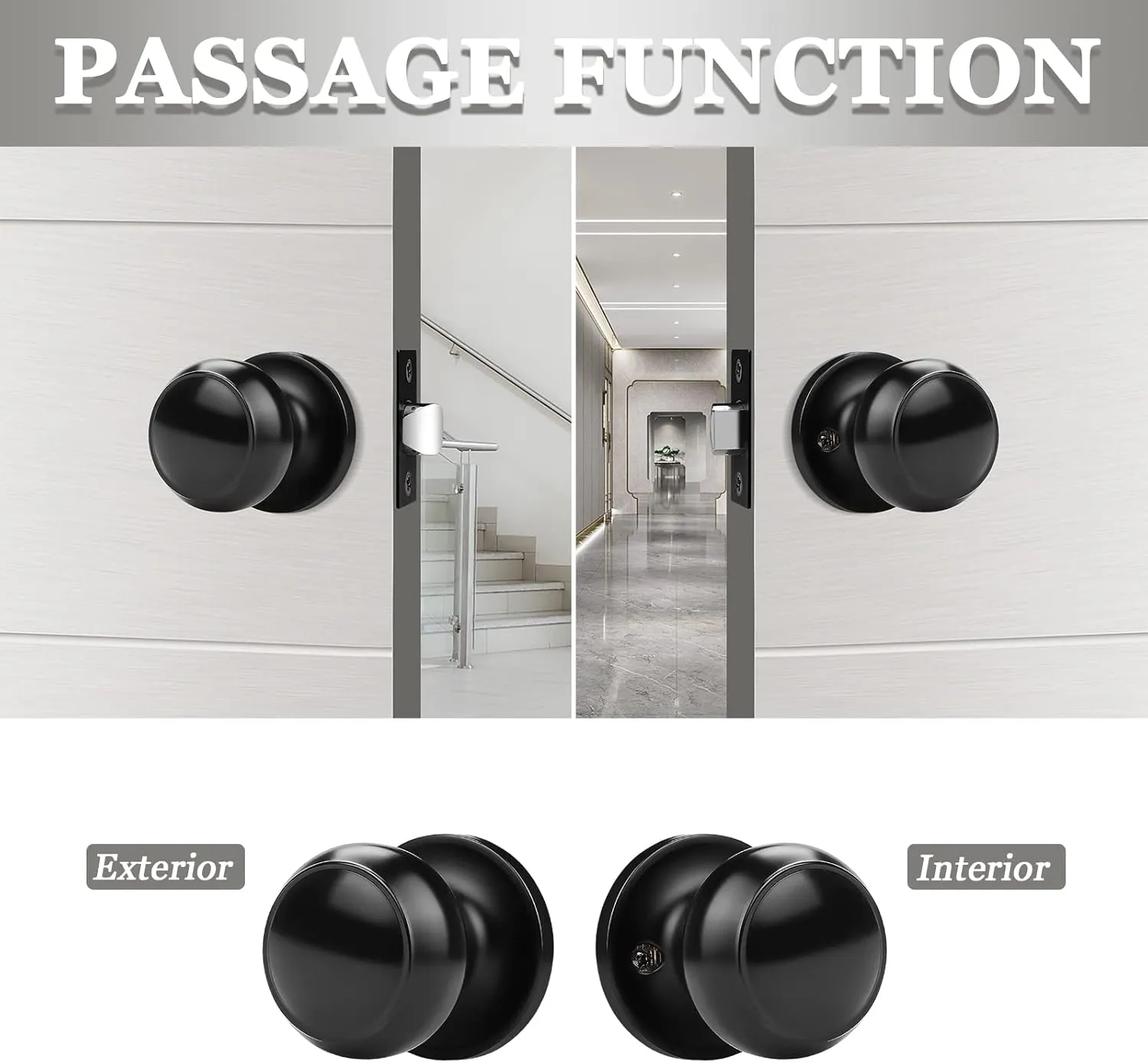 Probrico (2 Pack Round Passage Door Knob (Non-Locking Knobs), Keyless Doorknobs Interior/Exterior Door Lockset, Passage Knobs for Hallway/Closet, Black Finish Modern Design Door Hardware