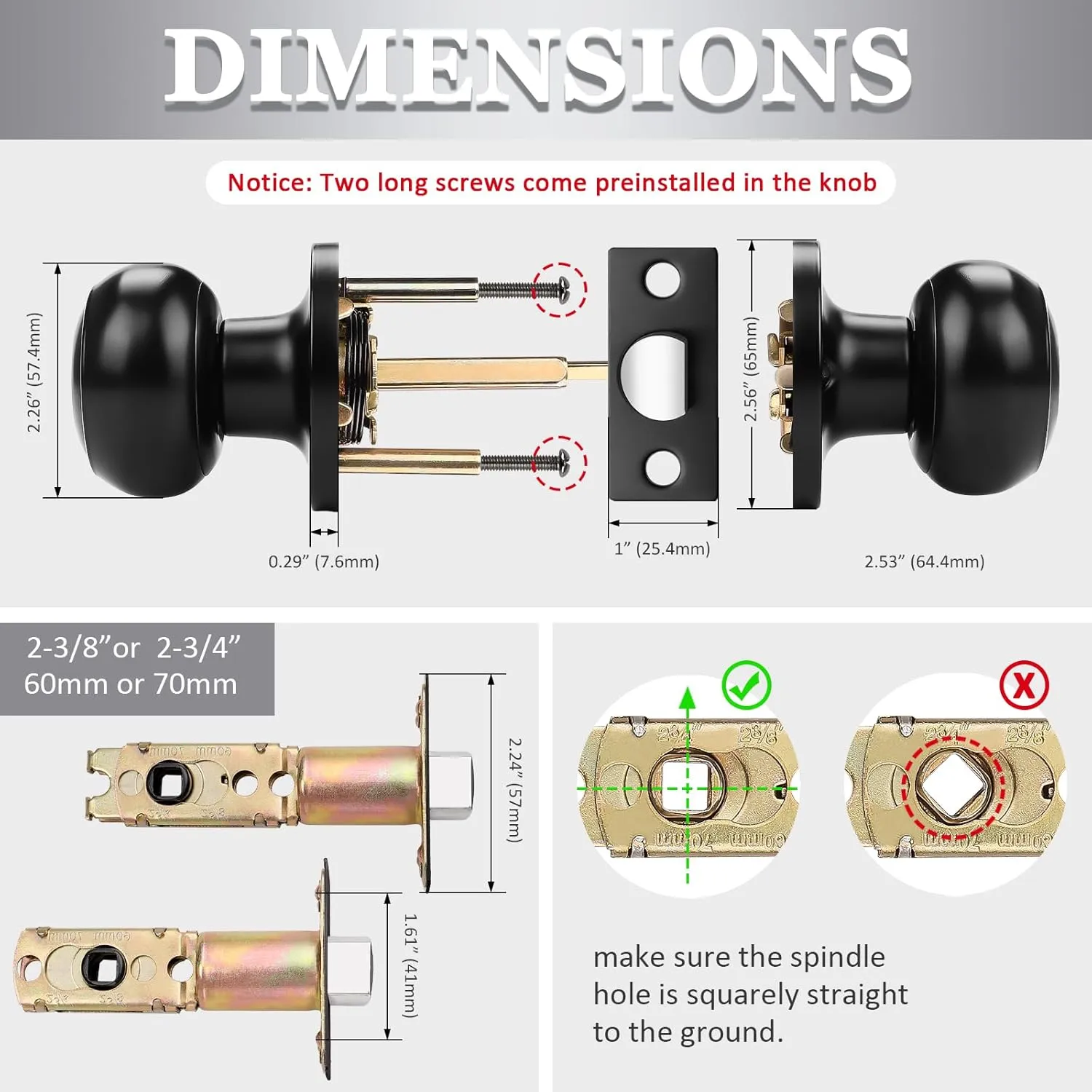 Probrico (2 Pack Round Passage Door Knob (Non-Locking Knobs), Keyless Doorknobs Interior/Exterior Door Lockset, Passage Knobs for Hallway/Closet, Black Finish Modern Design Door Hardware