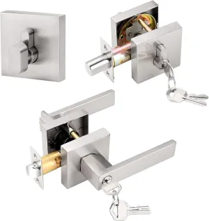 Probrico Square Entrance Lever with Single Cylinder Deadbolt Set Keyed Alike Combo Pack(for Office and Front Door), Heavy Duty Satin Nickel Entry Door Lockset for Right and Left Side, 1 Pack