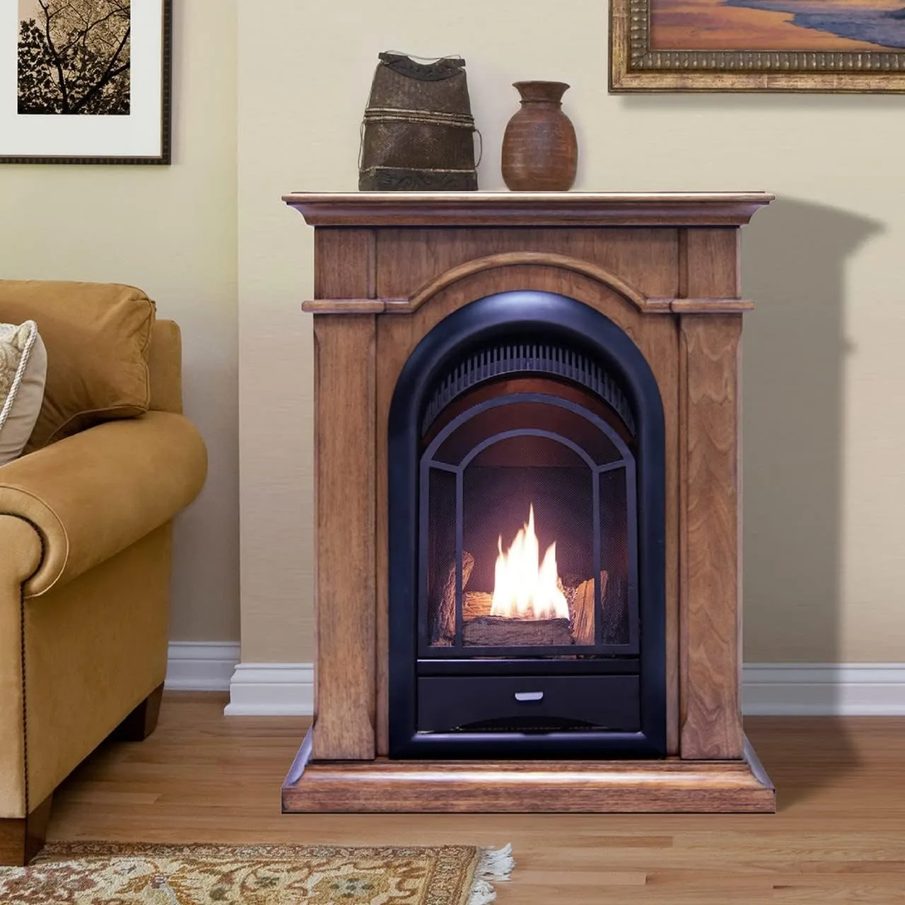 ProCom Dual Fuel Ventless Gas Fireplace System with Mantle, Thermostat Control, 4 Fire Logs, Use with Natural Gas or Liquid Propane, 15000 BTU, Heats up to 600 Sq. Ft., Toasted Almond