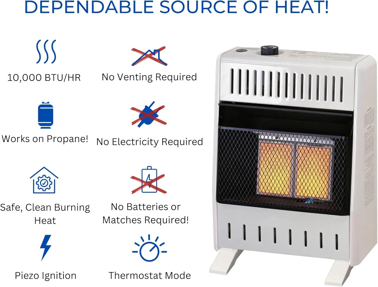 ProCom ML100TPA-B Ventless Propane Gas Infrared Space Heater with Thermostat Control for Home and Office Use, 10000 BTU, Heats Up to 500 Sq. Ft., Includes Wall Mount and Base Feet, White