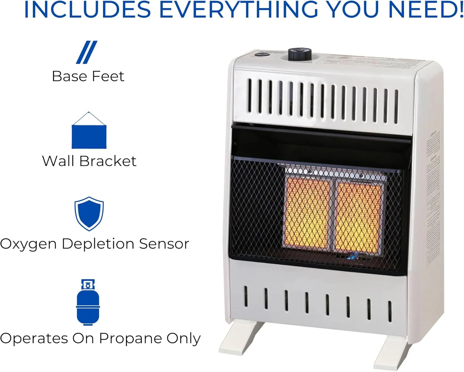 ProCom ML100TPA-B Ventless Propane Gas Infrared Space Heater with Thermostat Control for Home and Office Use, 10000 BTU, Heats Up to 500 Sq. Ft., Includes Wall Mount and Base Feet, White