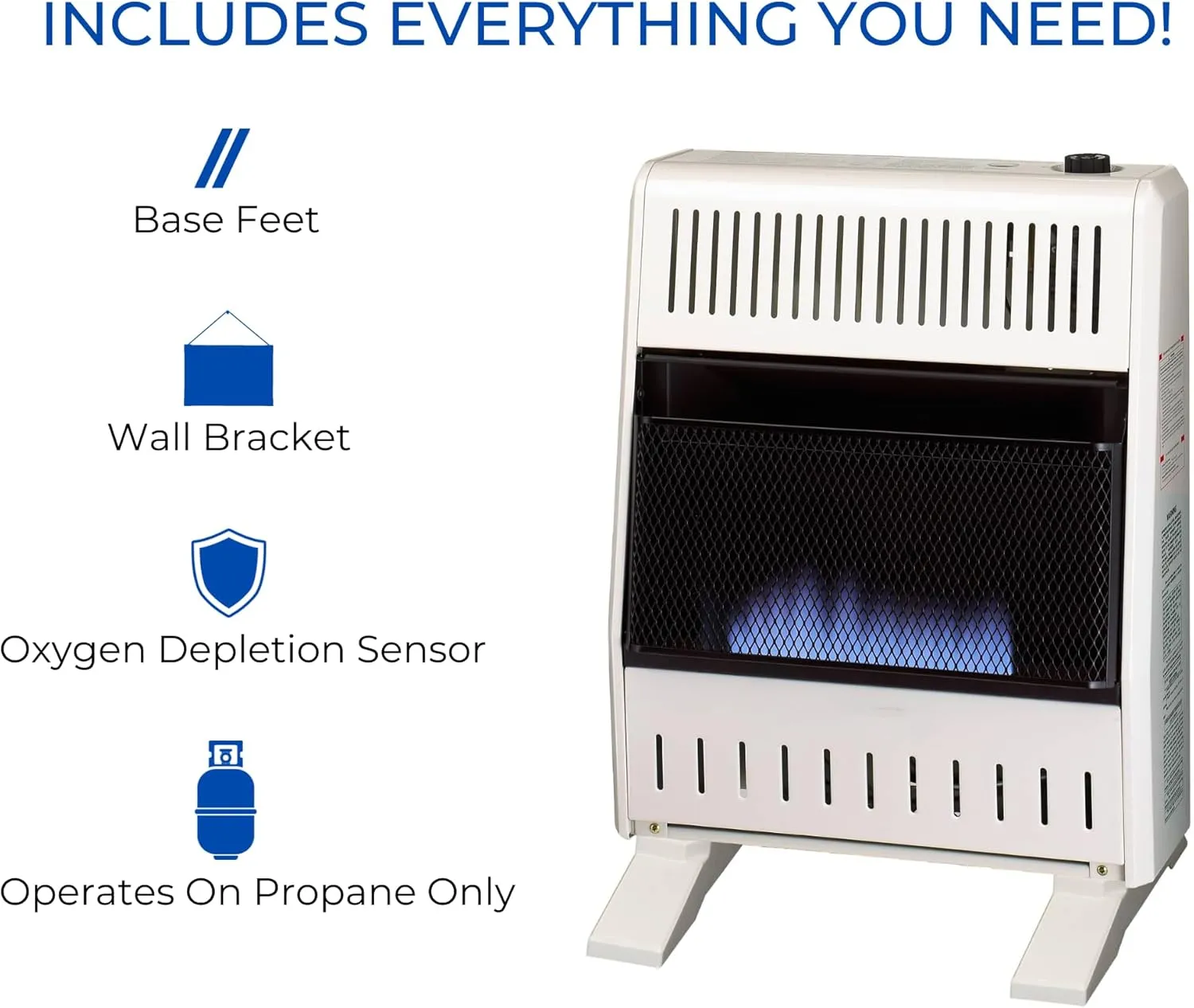 ProCom ML200TBA-B Ventless Propane Gas Blue Flame Space Heater with Thermostat Control for Home and Office Use, 20000 BTU, Heats Up to 950 Sq. Ft., Includes Wall Mount and Base Feet, White