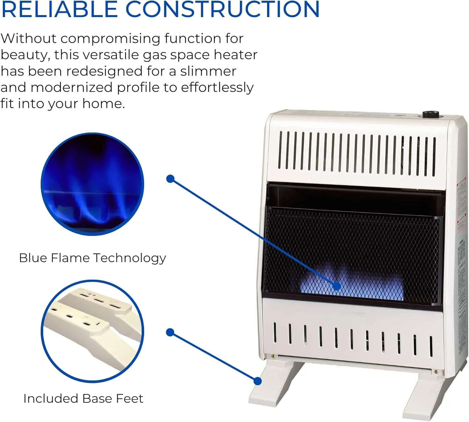 ProCom ML200TBA-B Ventless Propane Gas Blue Flame Space Heater with Thermostat Control for Home and Office Use, 20000 BTU, Heats Up to 950 Sq. Ft., Includes Wall Mount and Base Feet, White