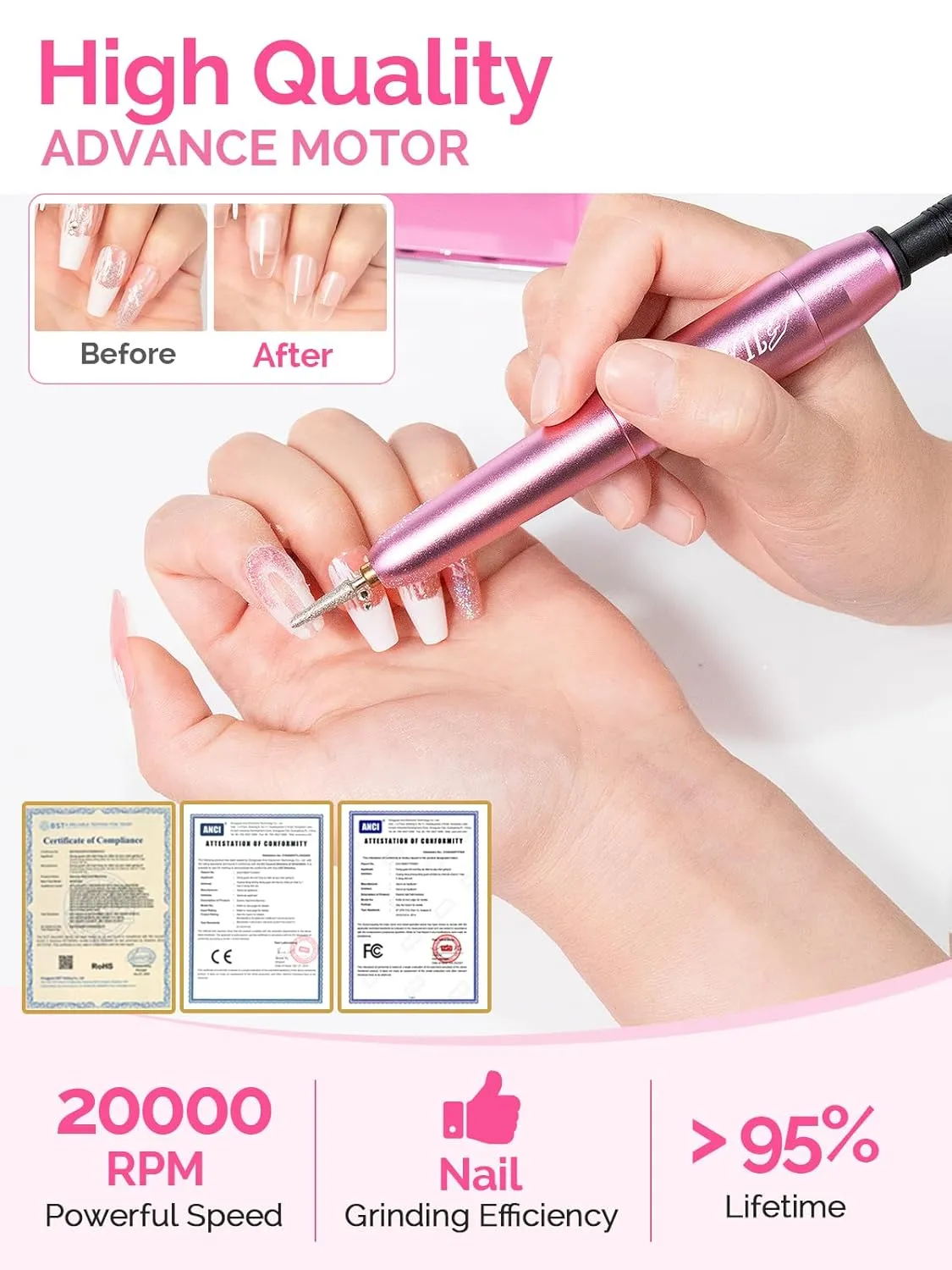 Professional Electric Nail Drill Portable Nail File for Acrylic Gel Nails, 20000RPM Professional Nail Drill Machine for Nail Polish Remover with the Function of Storing Manicure Accessories, Purple