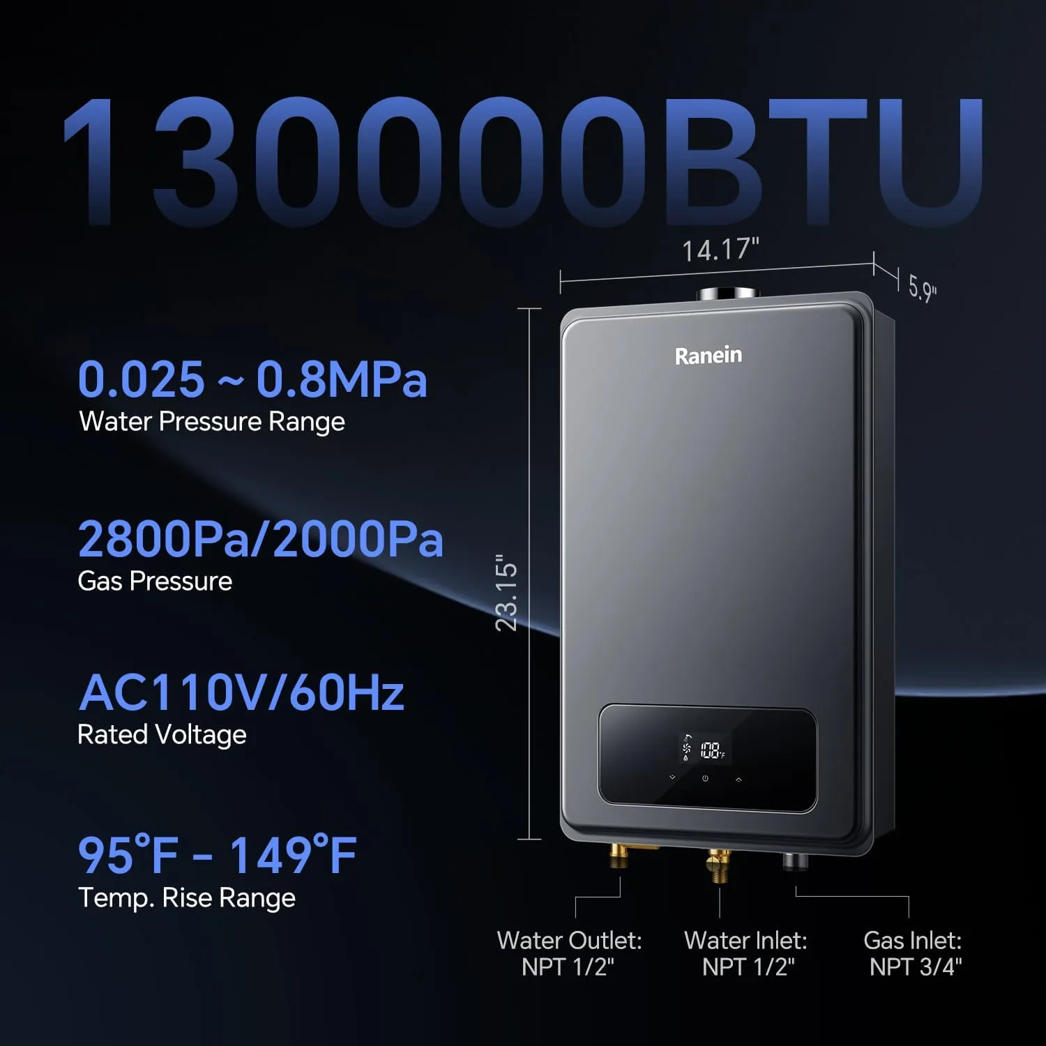 Propane Gas Tankless Water Heater, Indoor Max 5.3 GPM, 130,000 BTU Instant Hot Water Heater