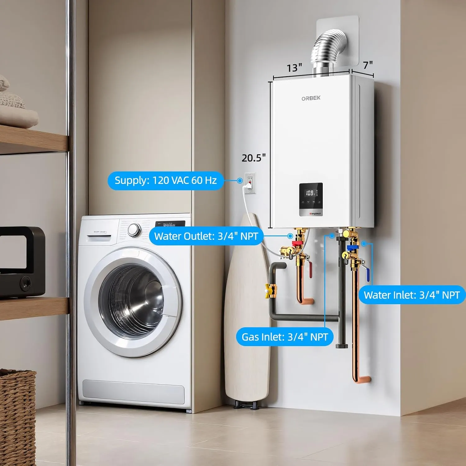 Propane Gas Tankless Water Heater - ORBEK 100,000 BTU Up to 4.3 GPM Indoor Installation - CSA Certified On-Demand Instant Hot Water Heater 3/4" NPT Connector Size