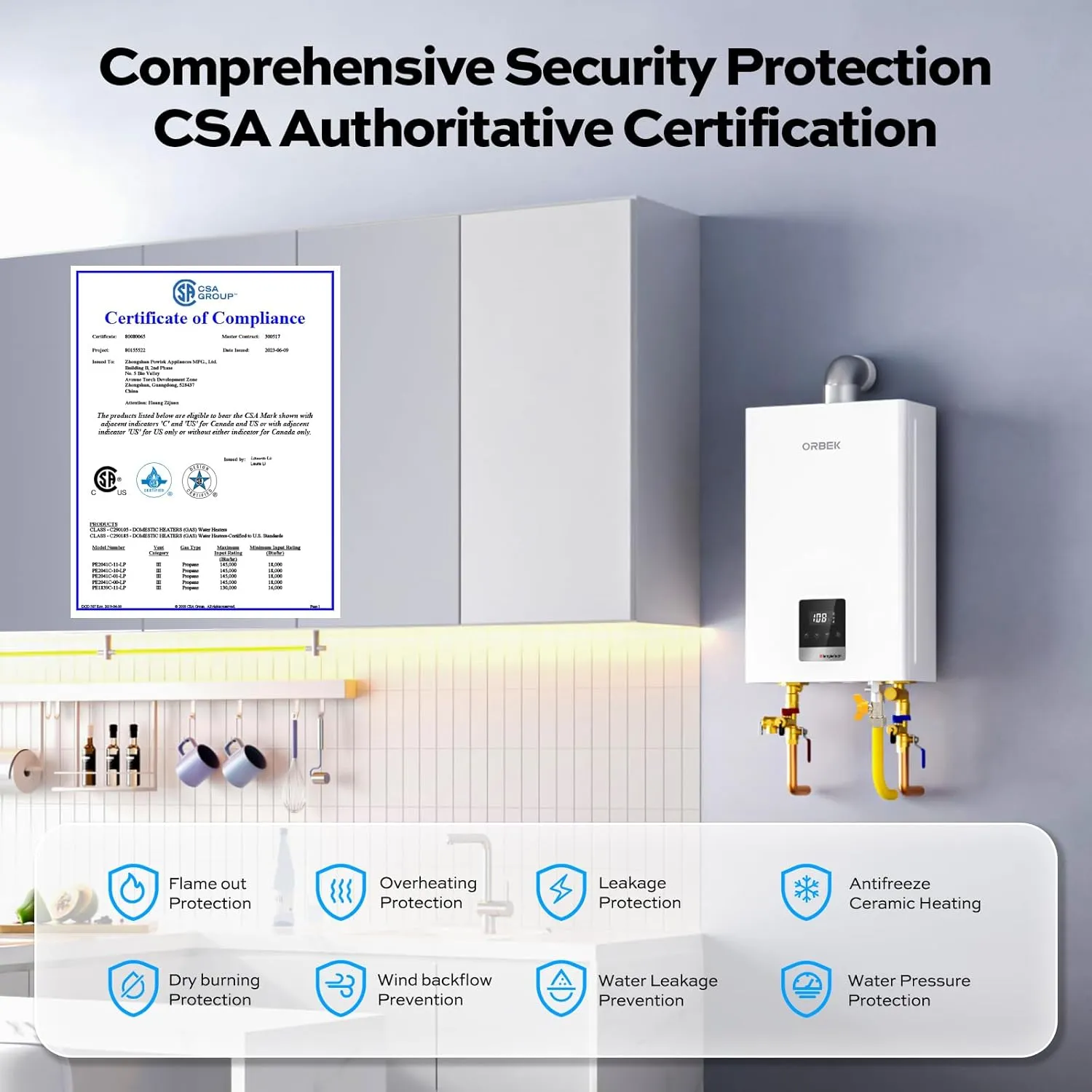 Propane Gas Tankless Water Heater - ORBEK 100,000 BTU Up to 4.3 GPM Indoor Installation - CSA Certified On-Demand Instant Hot Water Heater 3/4" NPT Connector Size