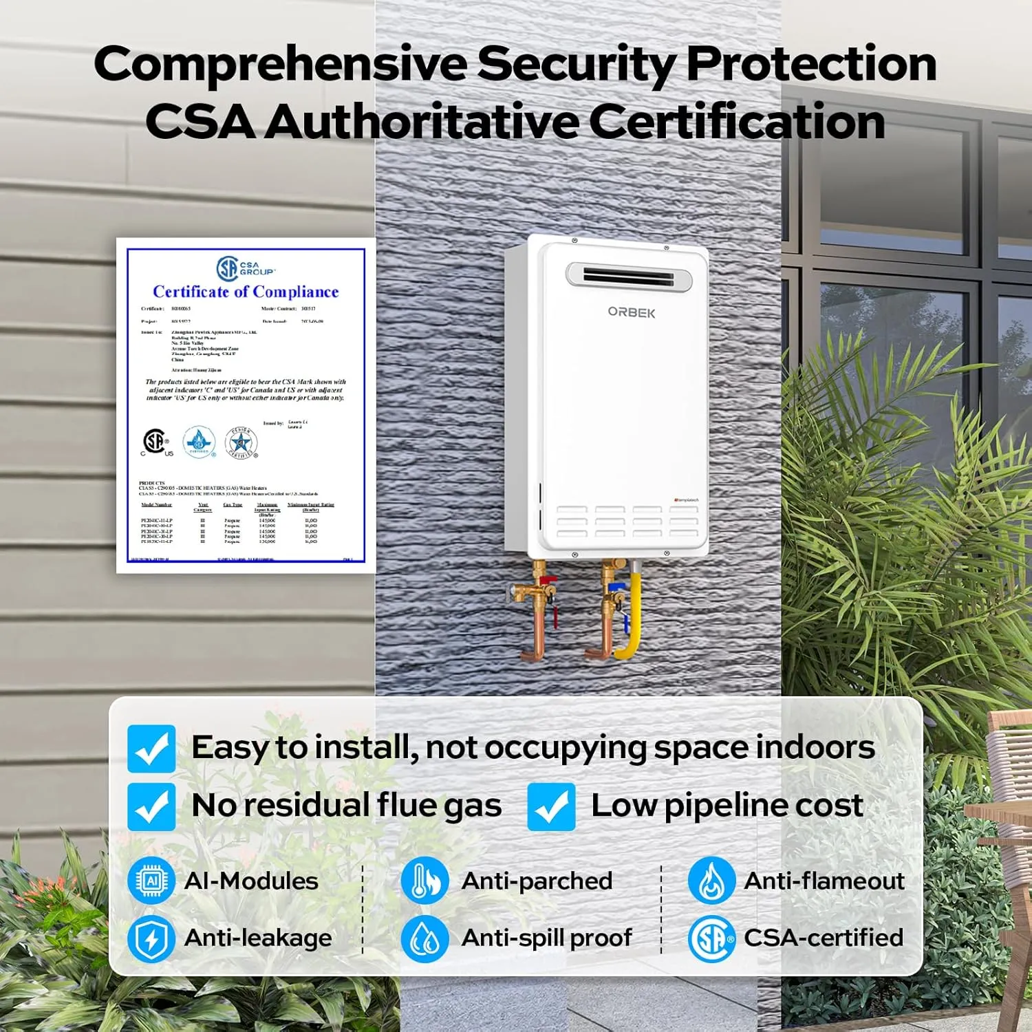 Propane Tankless Water Heater Outdoor - ORBEK 120,000 BTU Up to 5.1 GPM Outdoor Installation - CSA Certified On-Demand Instant hot Water Heater 3/4" NPT Connector Size