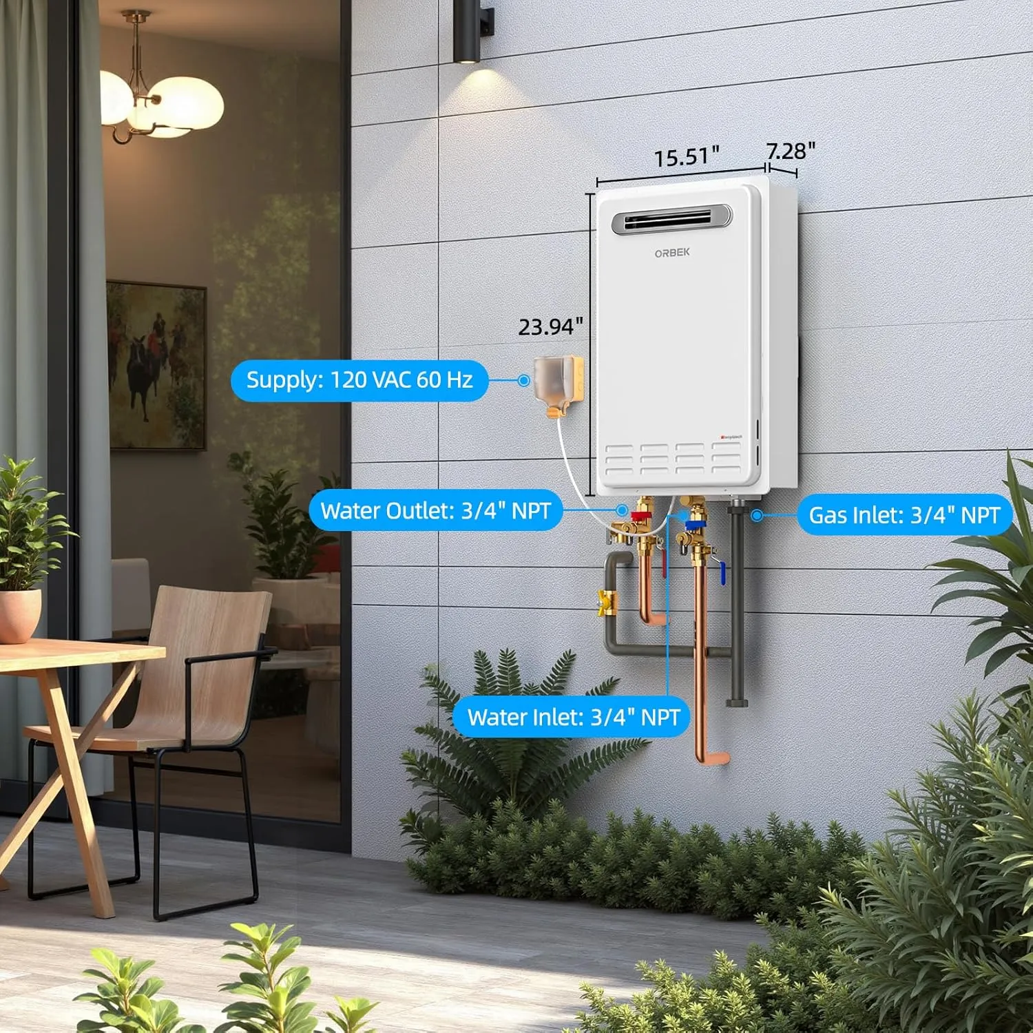 Propane Tankless Water Heater Outdoor - ORBEK 120,000 BTU Up to 5.1 GPM Outdoor Installation - CSA Certified On-Demand Instant hot Water Heater 3/4" NPT Connector Size