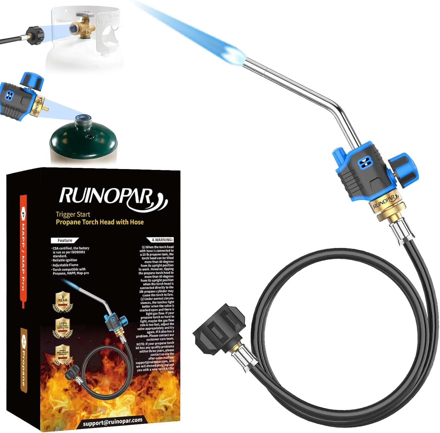 Propane Torch Head Kit,Trigger Start Propane Torch Kit with 5FT Hose,Blow Torch Head with Rubber Wrapped Torch Body&Flame Knob,Fuel by Propane MAPP and Map-pro for Soldering,Brazing,Welding