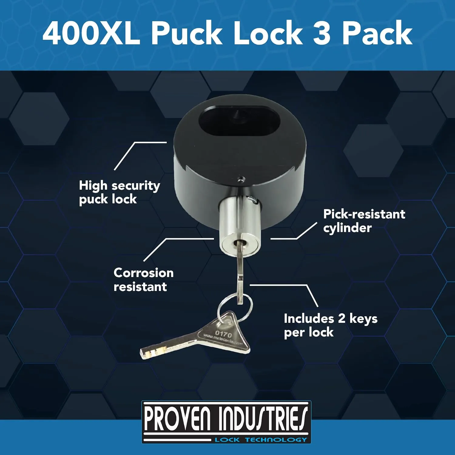 Proven Industries Model 400XL Puck-Lock Set, Made in The USA, Pack of 3, (Black)