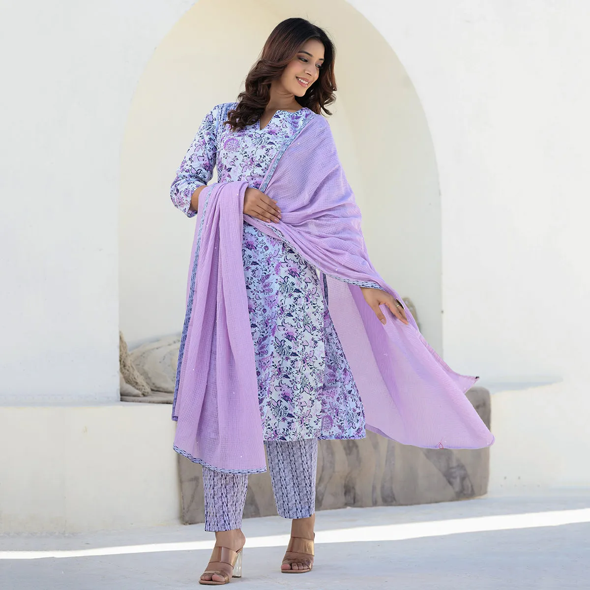 Purple Cotton Straight Suit Set with Dupatta