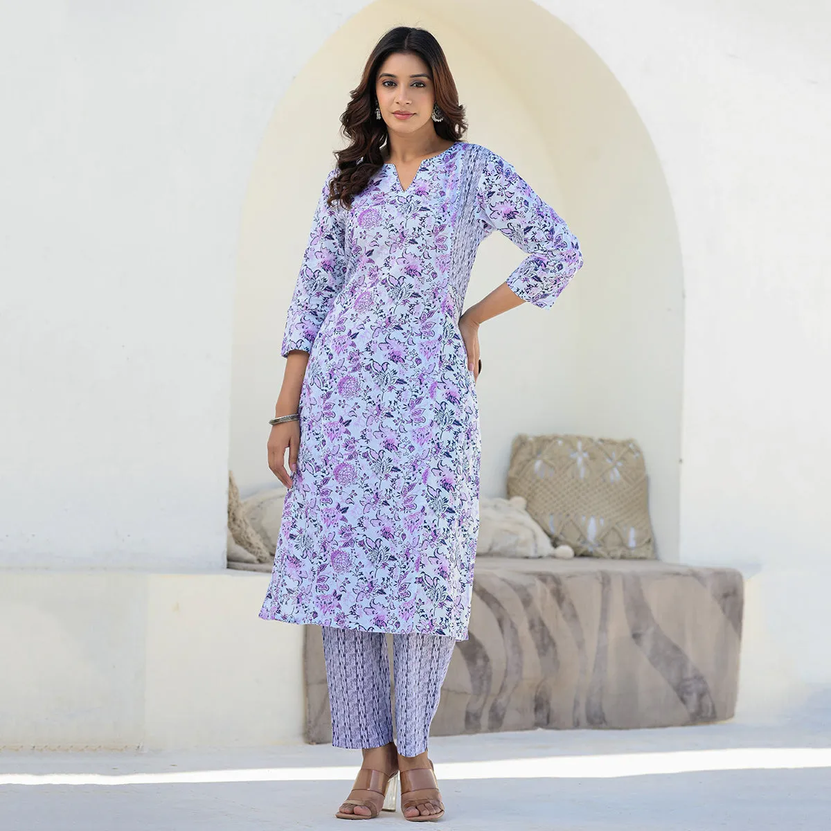 Purple Cotton Straight Suit Set with Dupatta