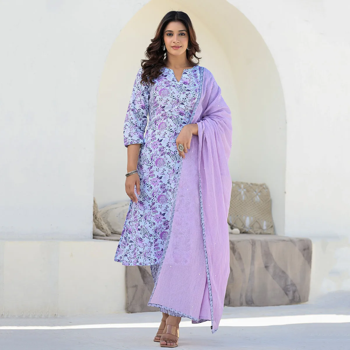 Purple Cotton Straight Suit Set with Dupatta