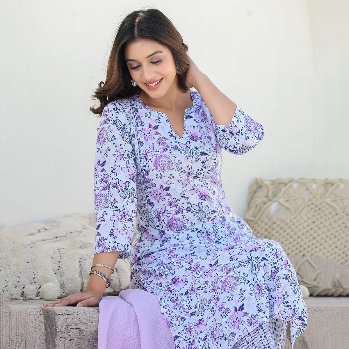 Purple Cotton Straight Suit Set with Dupatta