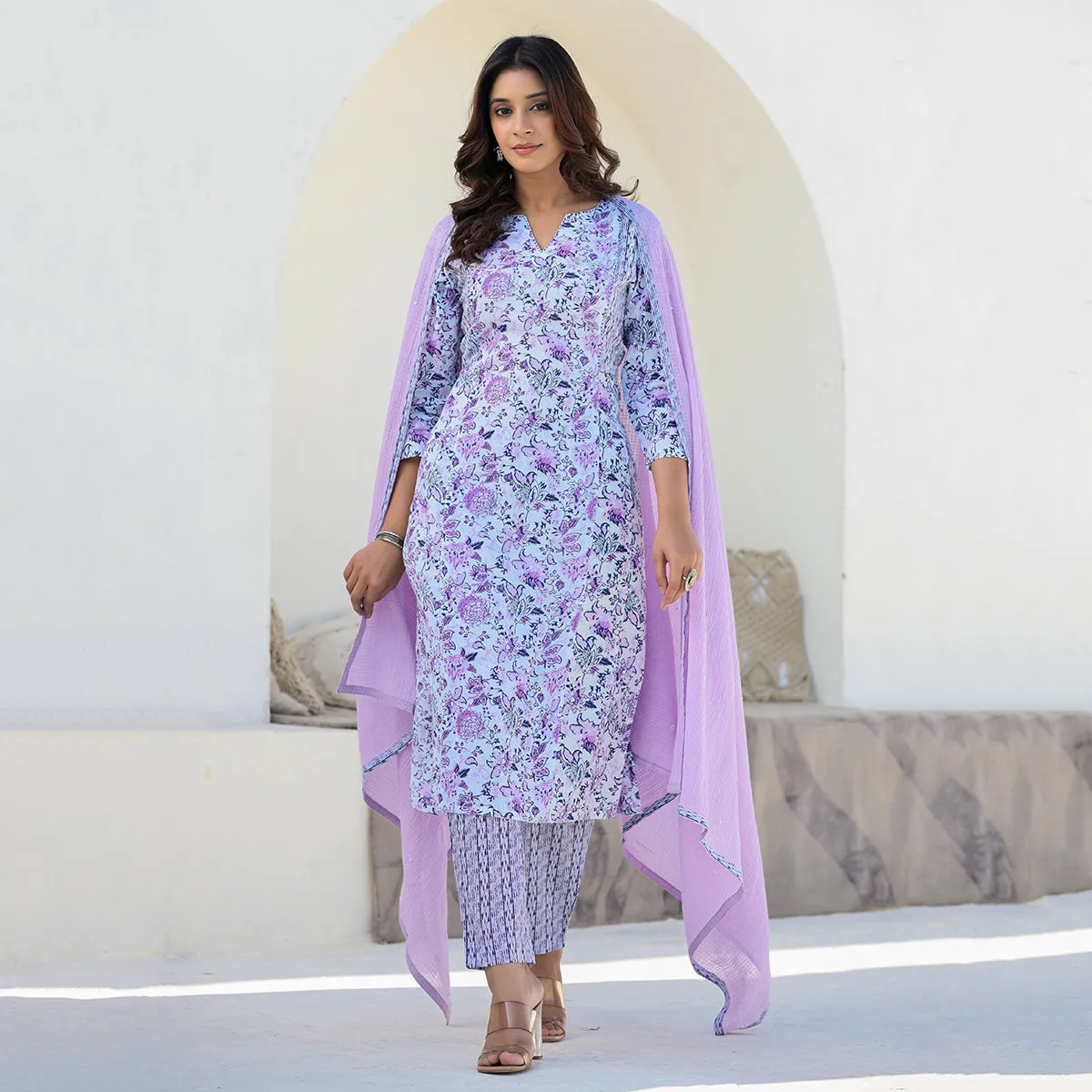 Purple Cotton Straight Suit Set with Dupatta
