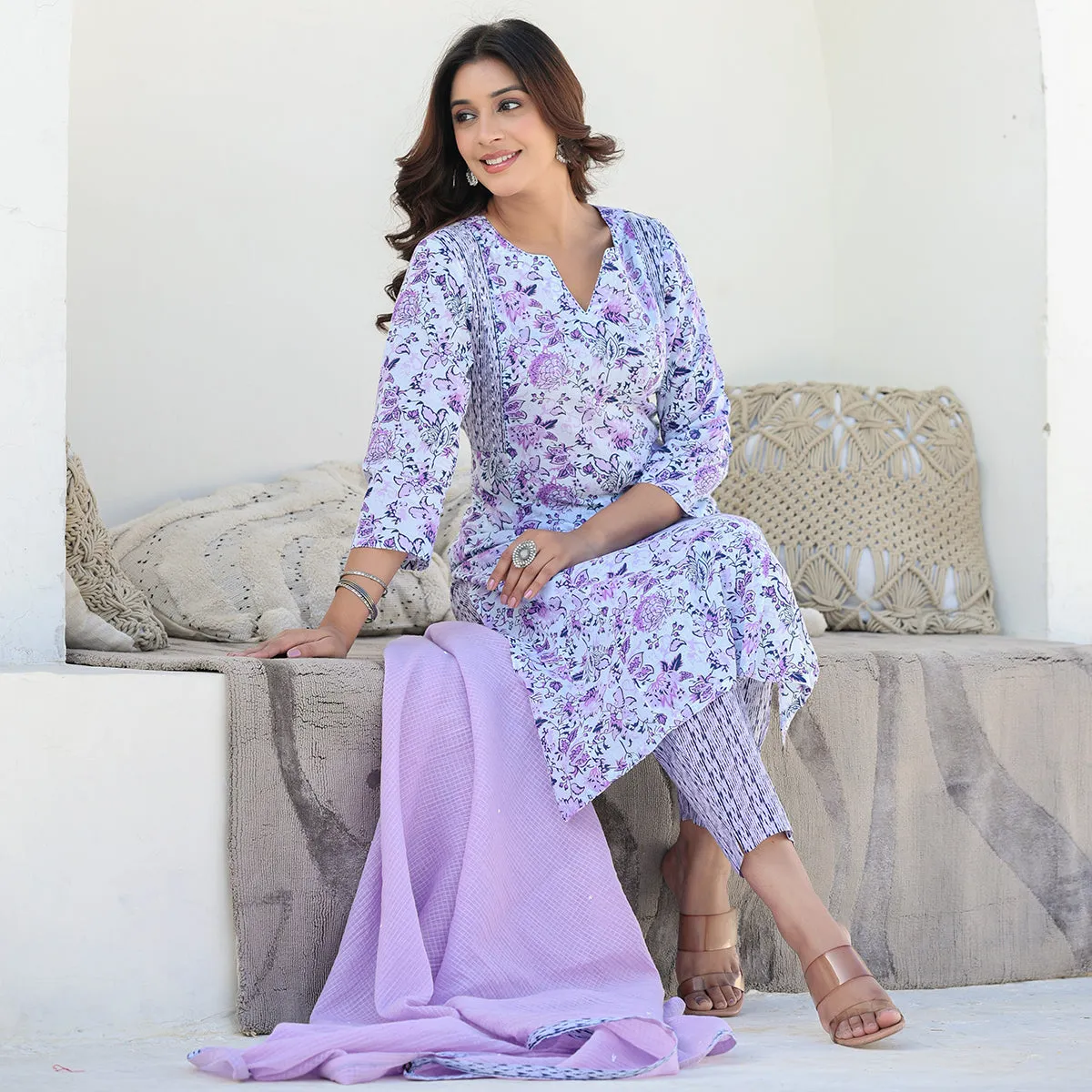 Purple Cotton Straight Suit Set with Dupatta