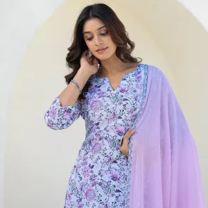 Purple Cotton Straight Suit Set with Dupatta
