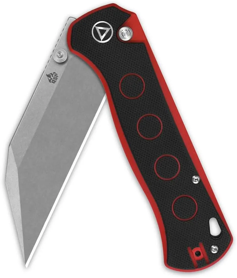 QSP Swordfish Model Pocket Folding Knife, Button Lock, 14C28N Blade With G-10 and Micarta Handles, Thumbstuds With Flipper (Stonewashed Blade, Black/Red G10)