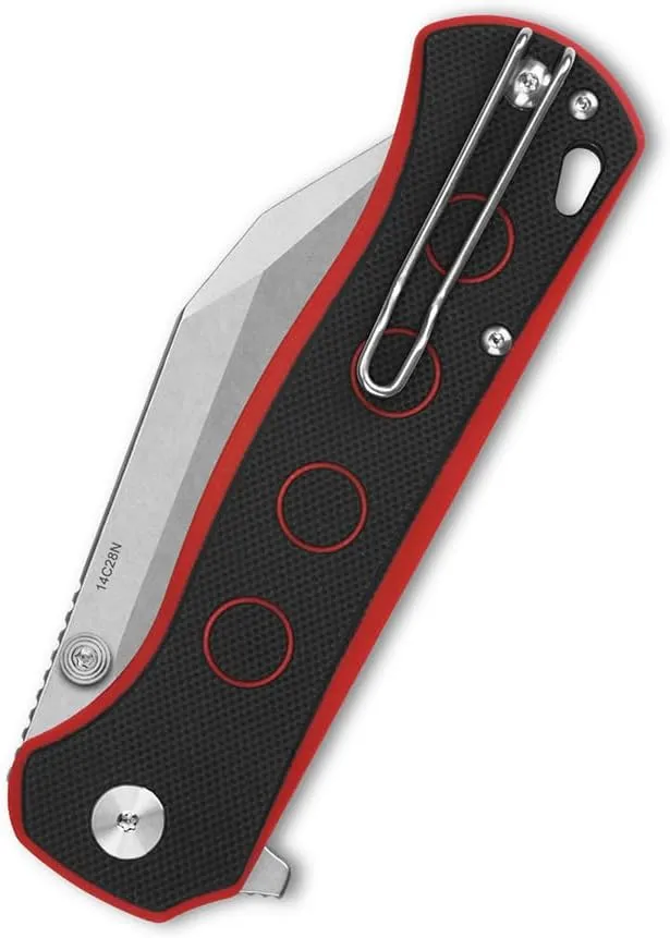 QSP Swordfish Model Pocket Folding Knife, Button Lock, 14C28N Blade With G-10 and Micarta Handles, Thumbstuds With Flipper (Stonewashed Blade, Black/Red G10)