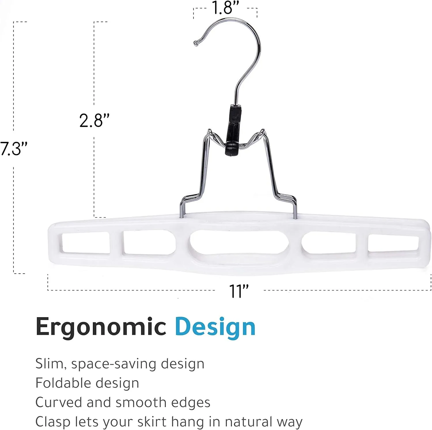 Quality Hangers 10 Pack Premium Skirt Hangers - Thin Space Saving Pant Hangers Set with Clamp, Shorts Hangers with Heavy Duty Locking Clasp, Multipurpose Jean Hangers Set - White