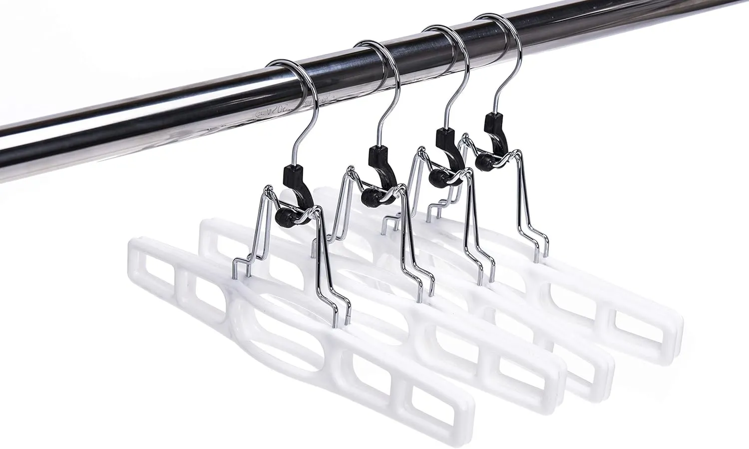 Quality Hangers 10 Pack Premium Skirt Hangers - Thin Space Saving Pant Hangers Set with Clamp, Shorts Hangers with Heavy Duty Locking Clasp, Multipurpose Jean Hangers Set - White