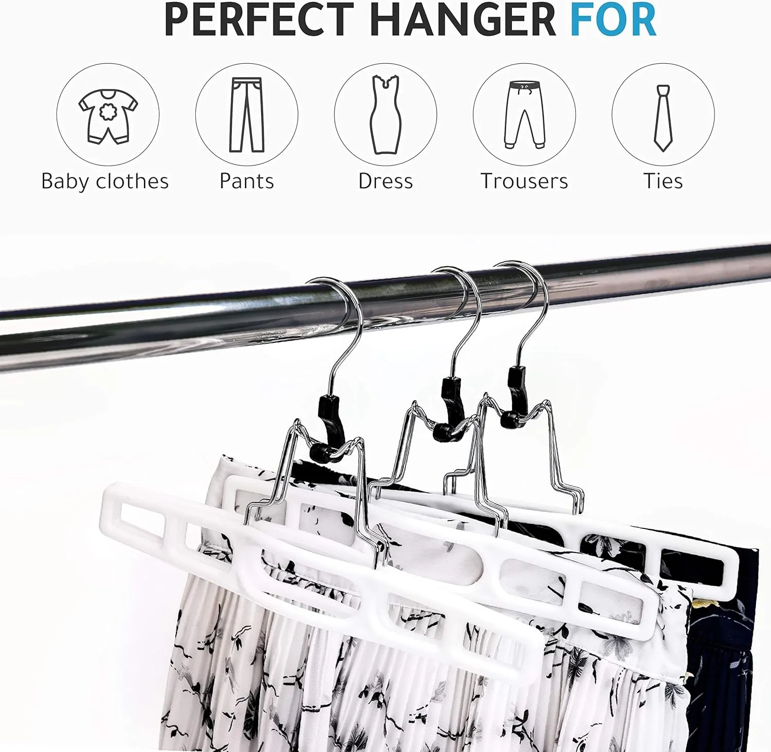 Quality Hangers 10 Pack Premium Skirt Hangers - Thin Space Saving Pant Hangers Set with Clamp, Shorts Hangers with Heavy Duty Locking Clasp, Multipurpose Jean Hangers Set - White