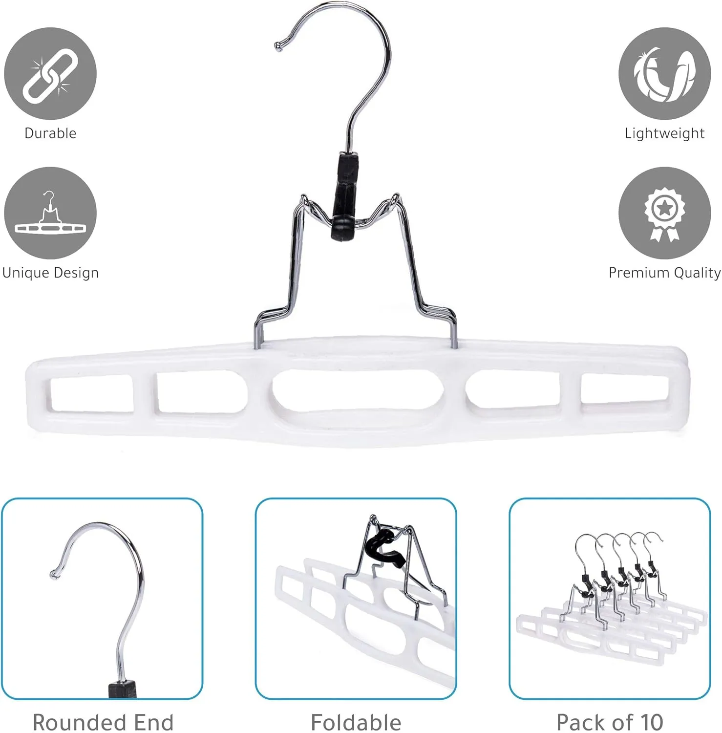 Quality Hangers 10 Pack Premium Skirt Hangers - Thin Space Saving Pant Hangers Set with Clamp, Shorts Hangers with Heavy Duty Locking Clasp, Multipurpose Jean Hangers Set - White