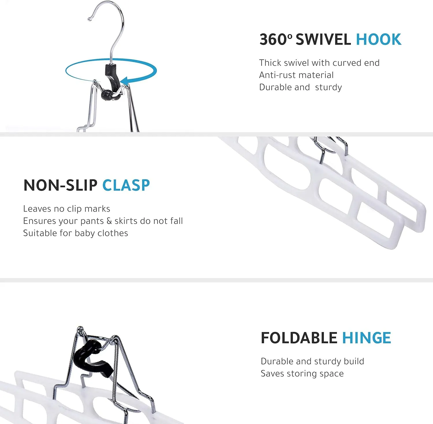 Quality Hangers 10 Pack Premium Skirt Hangers - Thin Space Saving Pant Hangers Set with Clamp, Shorts Hangers with Heavy Duty Locking Clasp, Multipurpose Jean Hangers Set - White