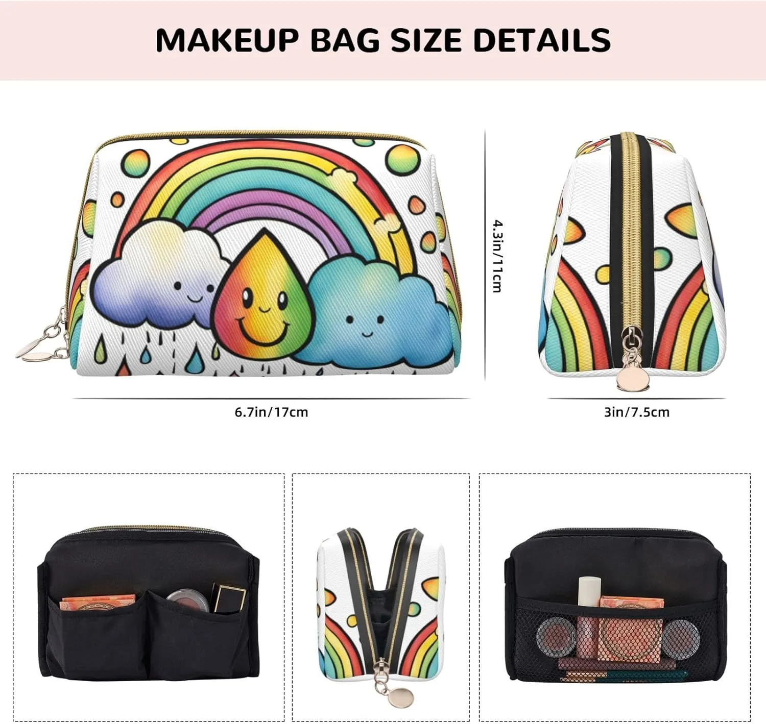Rainbow Clouds Raindrop 1 Toiletry Pouch, Travel-Friendly Makeup Organizer For Makeup Brushes, Lipsticks
